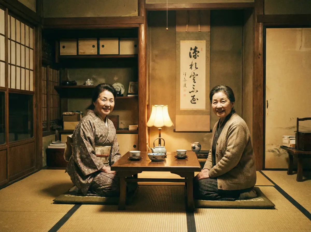两位优雅的 826贵宾会平台 在日式茶室中品茶交谈
